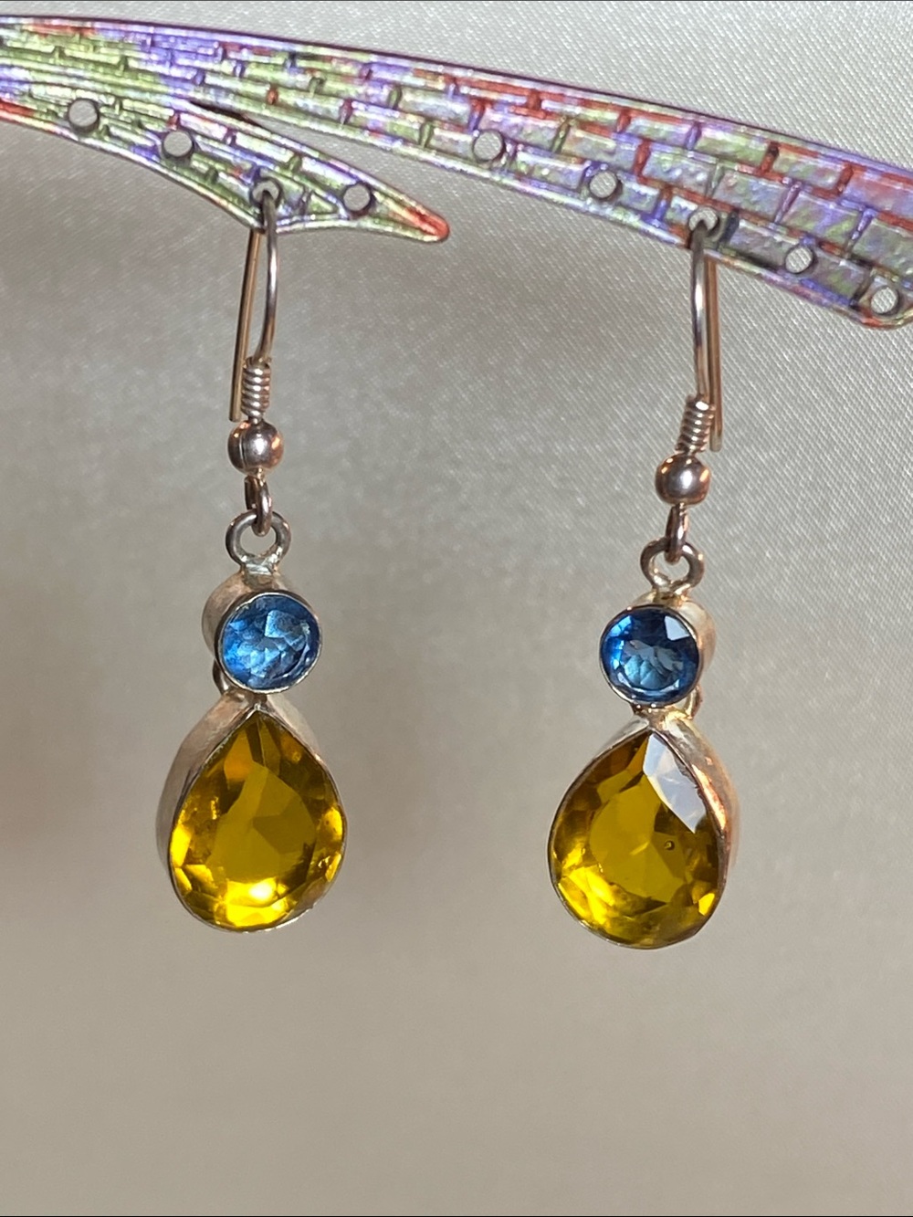 925 Sterling Silver Ear Wire Blue & Golden Faceted Drop Earrings